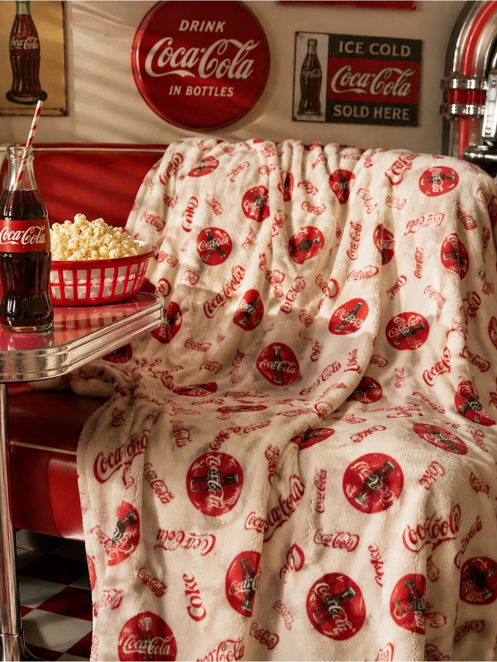 VTG 1997 Coca-Cola Fleece Blanket 88x72 Craft DIY Fabric Owen Made In USA 90s Co